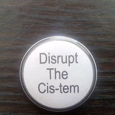 a black and white pin that reads "disrupt the cis-tem"