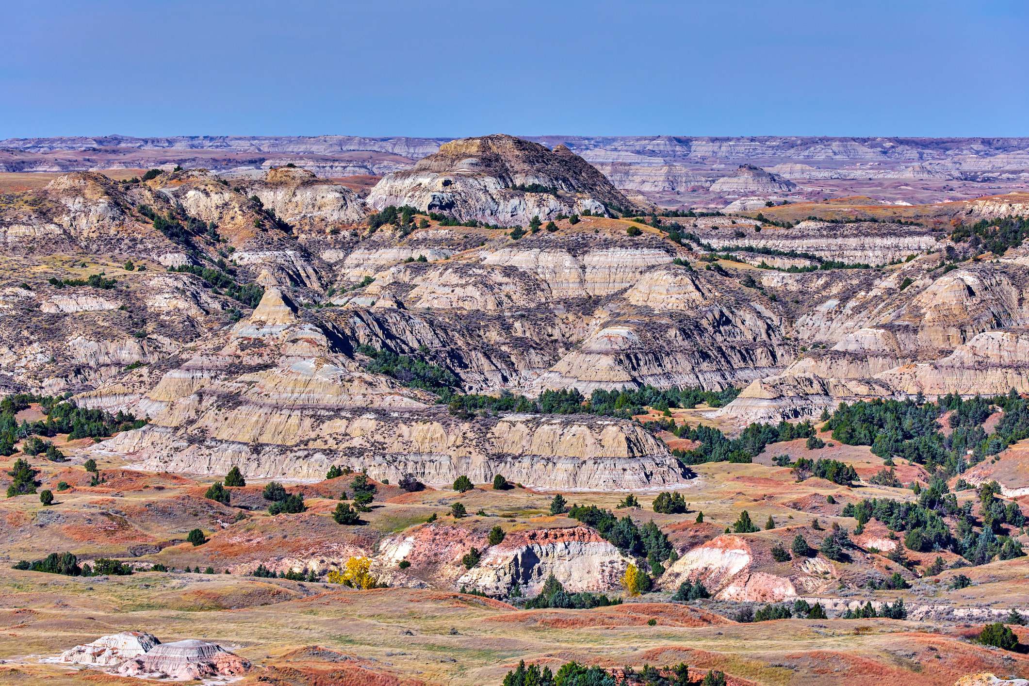 The rugged, red-tinged rocky badlands of Theodore Roosevelt National Park under a cloudless blue sky