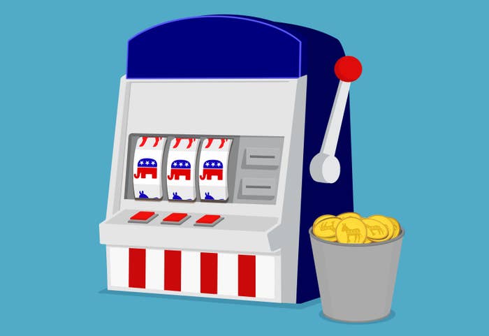 An illustration of a slot machine that is all Republican elephants