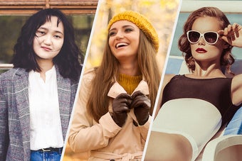 Three women, one in a plaid blazer, t-shirt, and jeans, one in a trenchcoat, knit hat, and leather gloves, and one in a vintage swimsuit and sunglasses