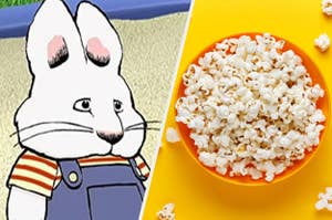 Max from "Max and Ruby" is on the left with a bowl of popcorn on the right