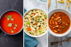 On the left, a bowl of tomato soup, in the middle, a bowl of chicken noodle soup, and on the right, a bowl of minestrone