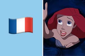 Split Image: A french flag emoji on the left and ariel from the little mermaid singing on the right