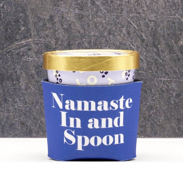 The Namaste cozy in Blue with white text