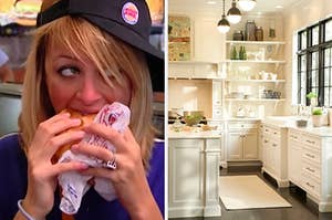 On the left, Nicole Richie eating a burger from Burger King on an episode of "The Simple Life," and on the right, a bright, sunny kitchen with tons of dishes on shelves