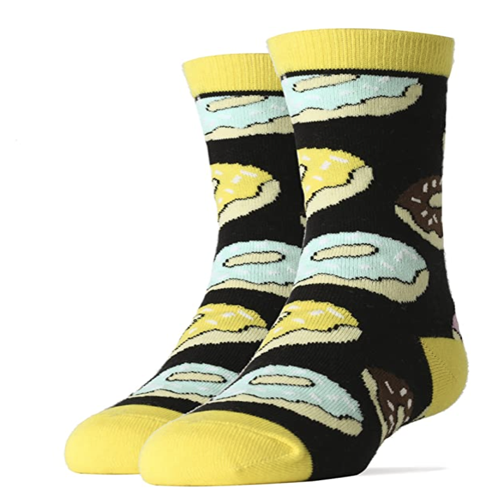 Socks with illustrated donuts all over them