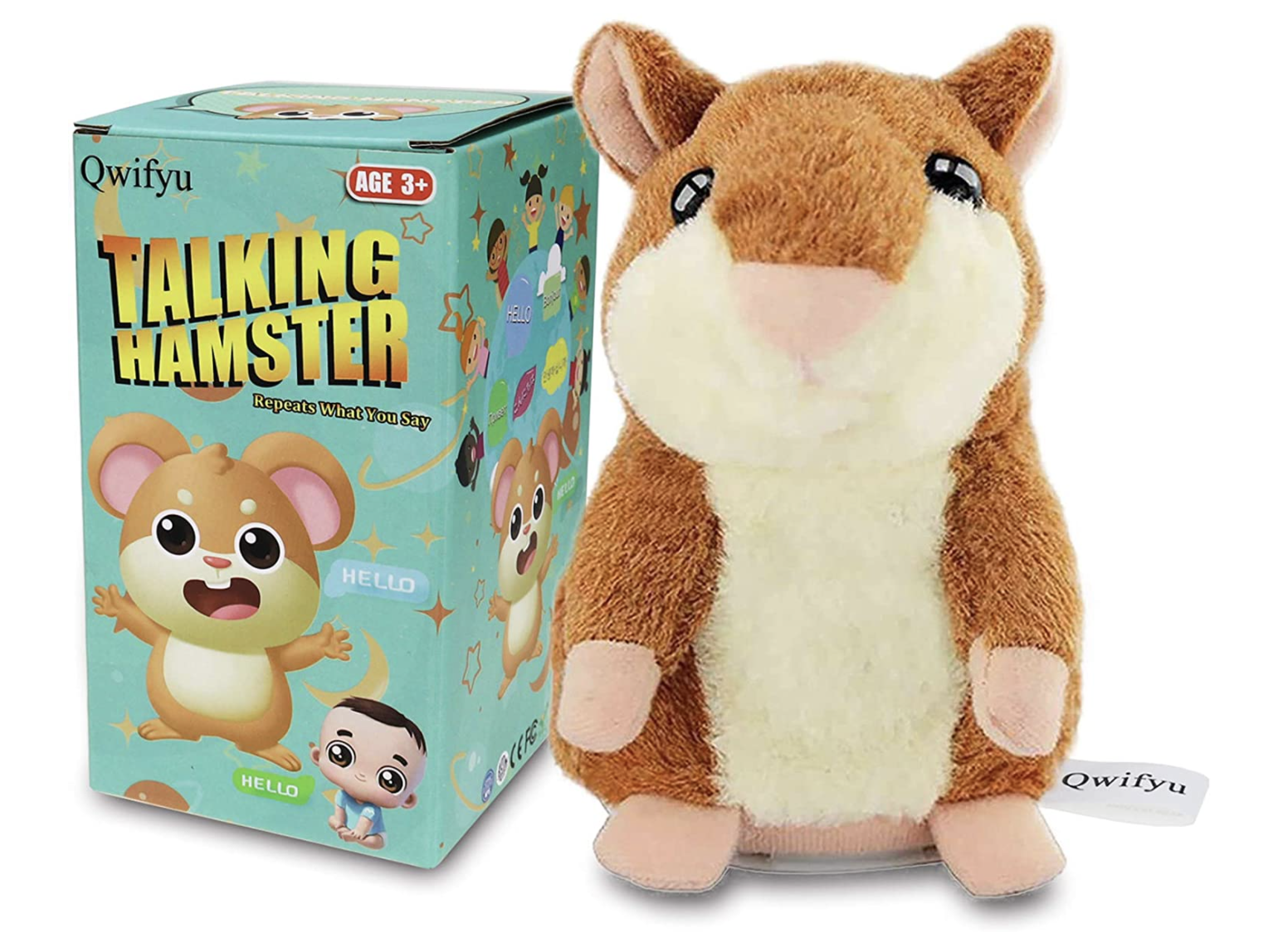 The talking hamster looks like a cute stuffed animal next to its box
