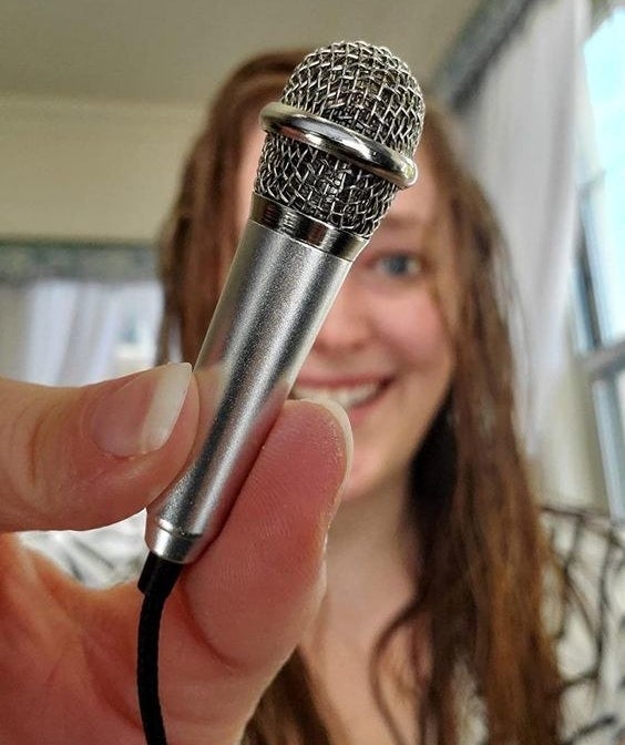 Reviewer holding mini microphone 