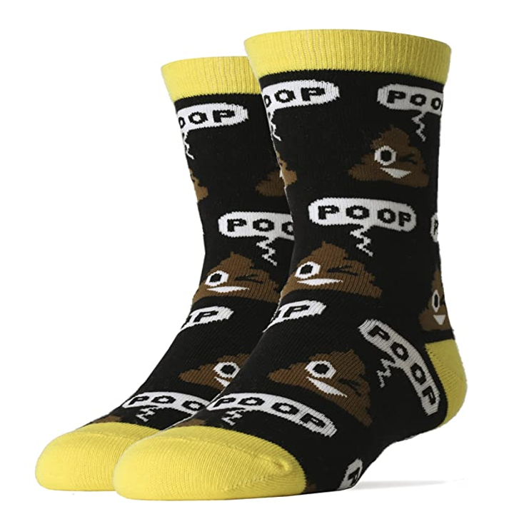Socks with emoji poops on them with the word "poop"