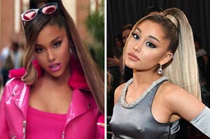 Ariana Grande is wearing sunglasses on the left with a high ponytail on the right