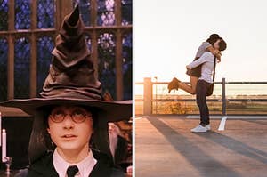 On the left, Harry Potter wearing the Sorting Hat in "Harry Potter and the Sorcerer's Stone," and on the right, a couple embracing as the sun sets behind them