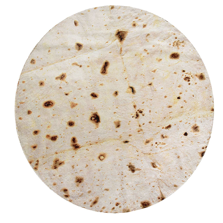 A blanket that is round and made to look like a burrito tortilla