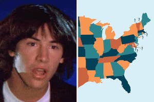Side-by-side images of a confused Keanu Reeves and a US map