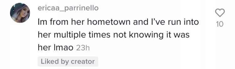 A commenter saying &quot;I&#x27;m from her hometown and I&#x27;ve run into her multiple times not knowing it was her&quot;