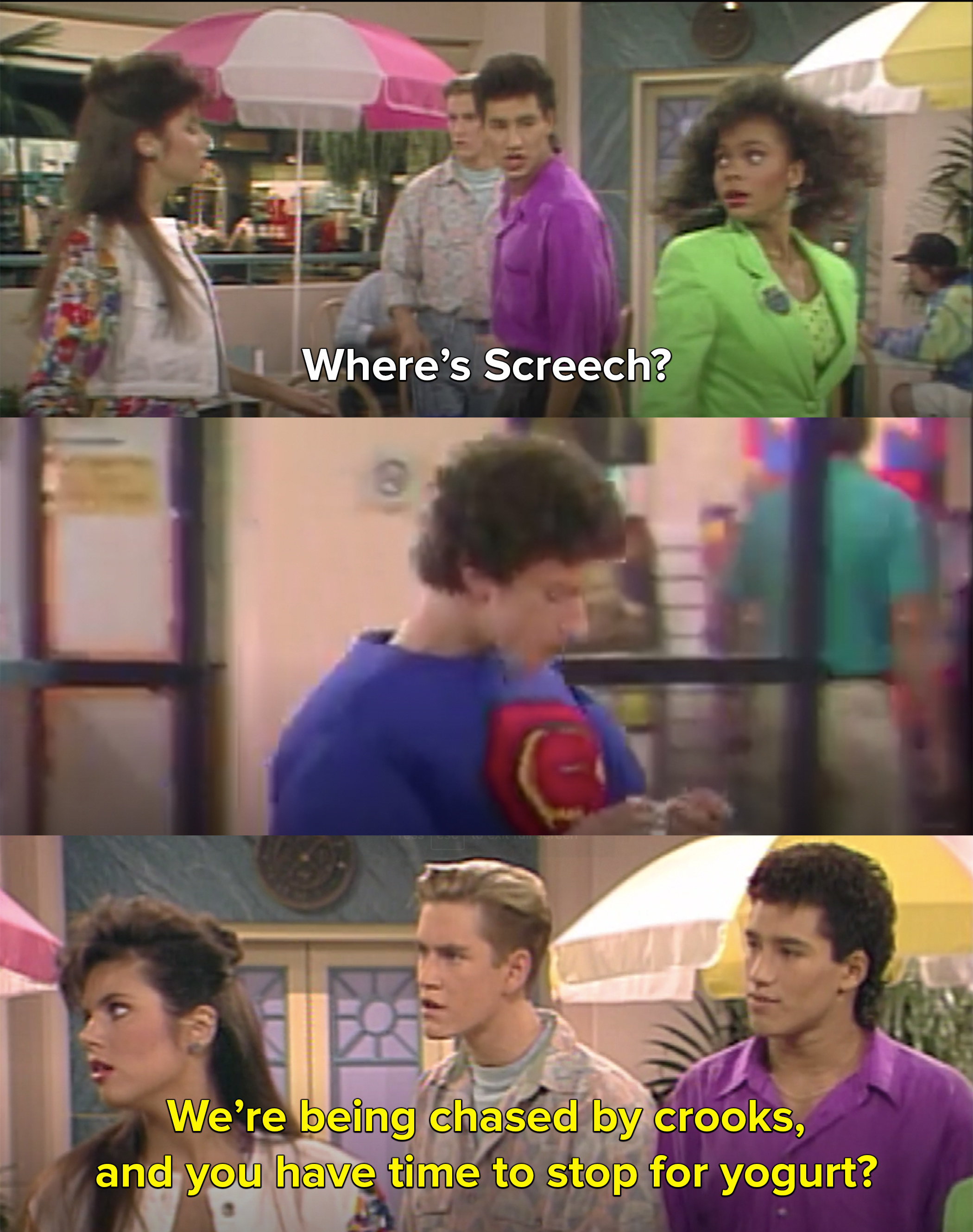 Zack is appalled that Screech found time to stop for yogurt