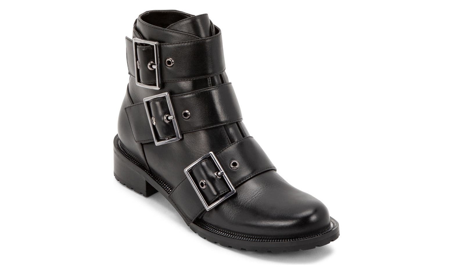 The waterproof boots styled with buckled straps, a lug sole and zipper teeth in the welt