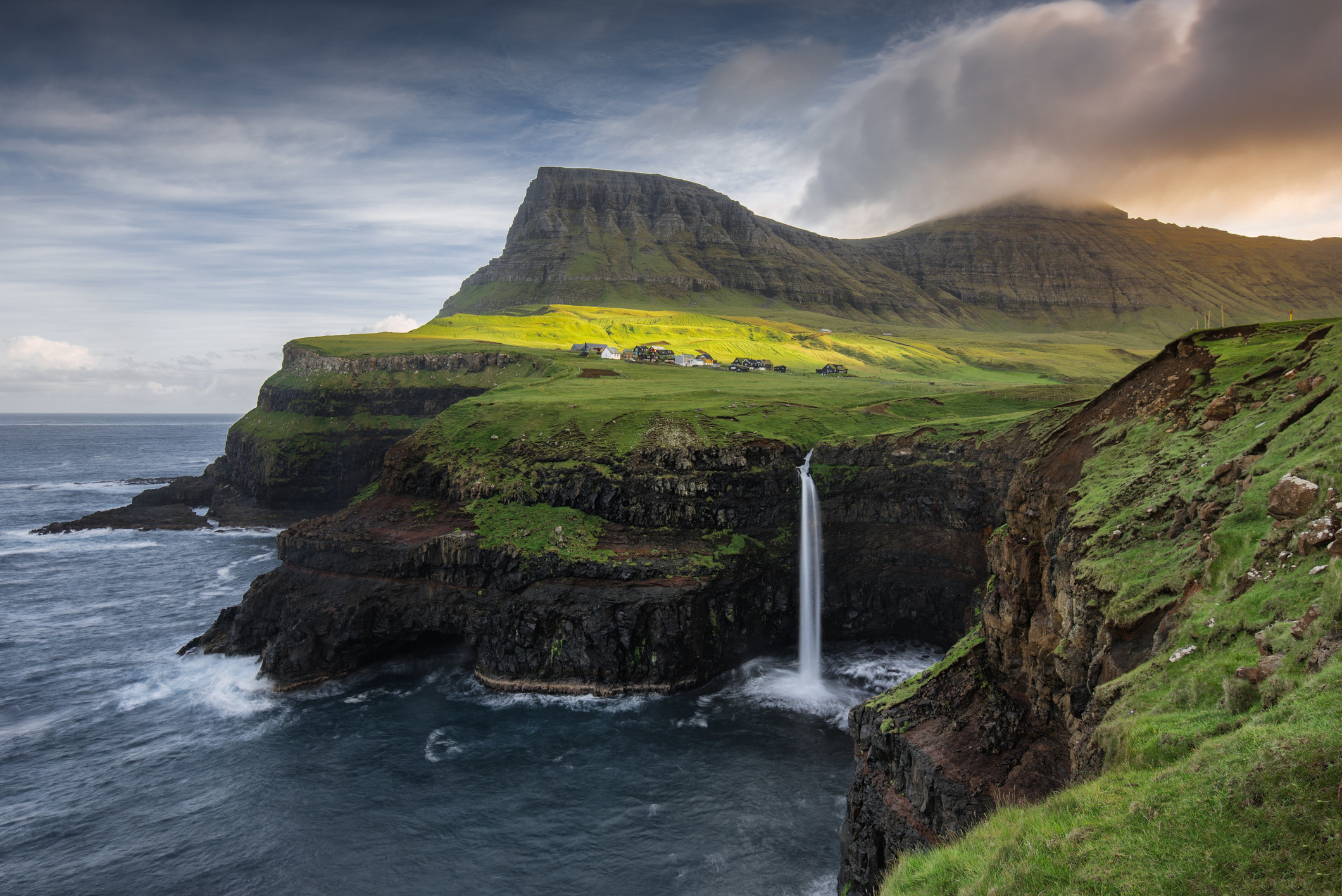 Dramatic black cliffs topped with green grass, with a waterfall dropping into a dark dea