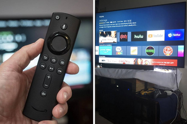on the left, the fire tv stick remote, and on the right, the screen on a tv when fire stick is plugged in