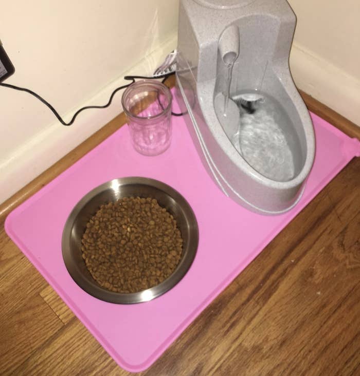 a hot pink silicone mat in the shape of a rectangle under a food bowl and water fountain