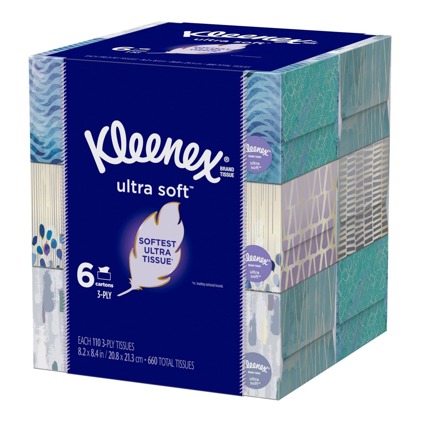 a 6-pack of kleenex ultra soft tissues