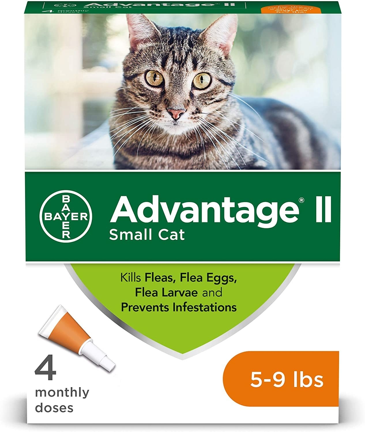 a green and white box of flea treatments with 4 monthly doses suitable for cats 5-9 lbs