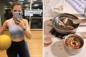 On the left, BuzzFeed Editor Emma McAnaw wears Beats by Dre headphones at gym. On the right, an Our Place pink pan with dumplings inside