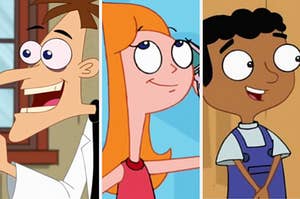 Dr. Doofenshmirtz, Candace, and Baljeet from "Phineas and Ferb"