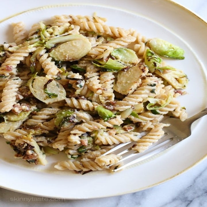 Fusilli Carbonara with Brussels sprouts.