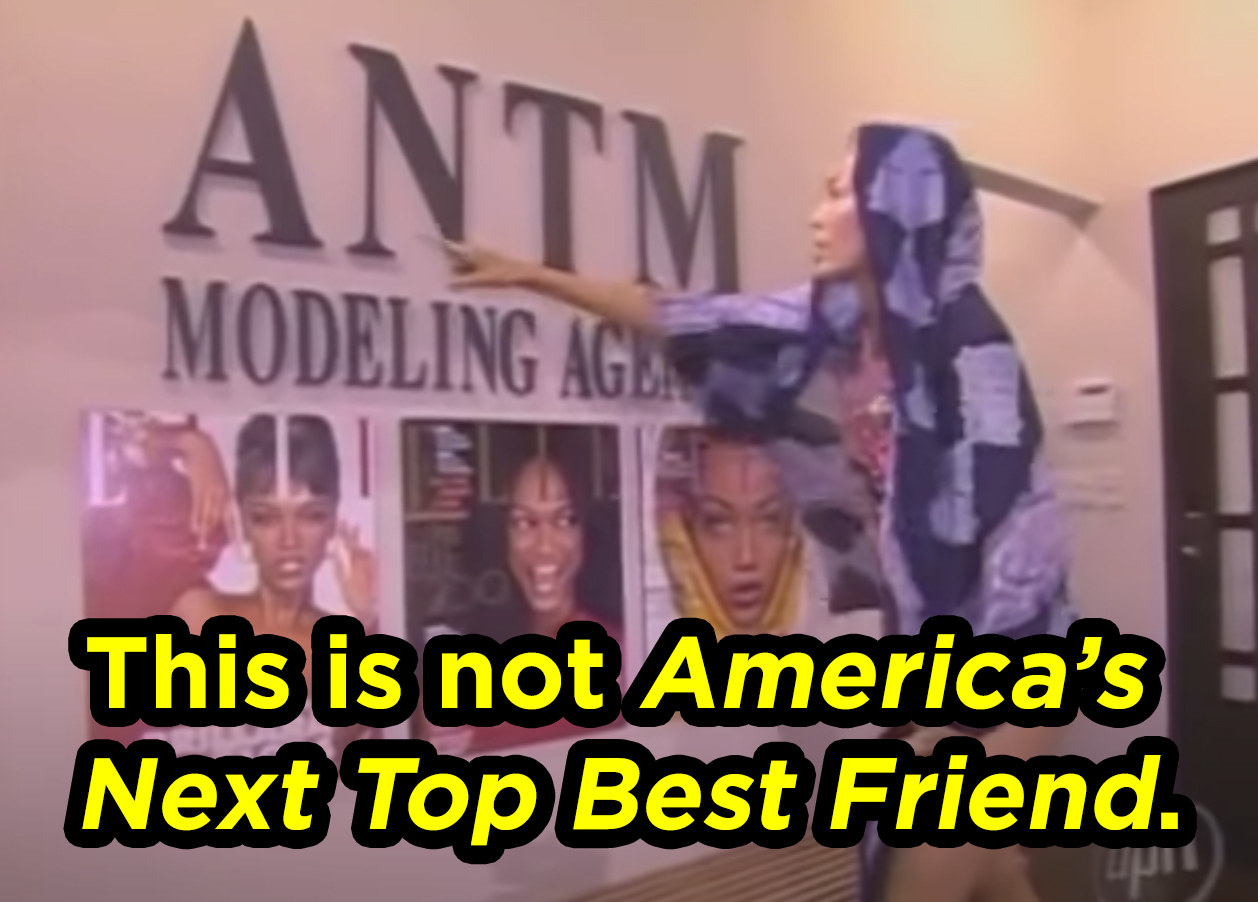 A woman stands up pointing to a wall that says ANTM, and she says &quot;this is not america&#x27;s next top best friend.&quot;