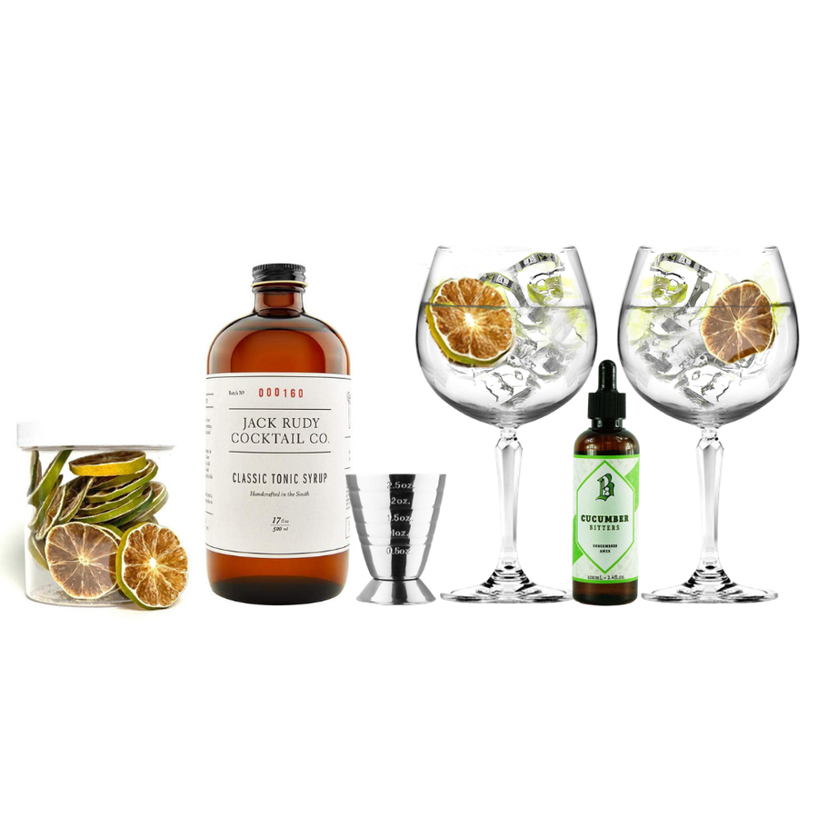 A sample cocktail kit with glassware, and tonic syrup.