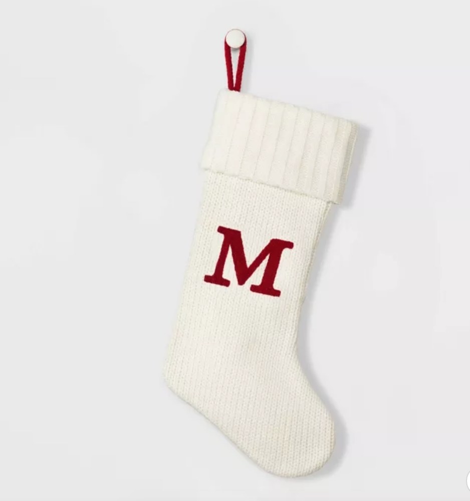 White knit stocking with &quot;M&quot; letter in red