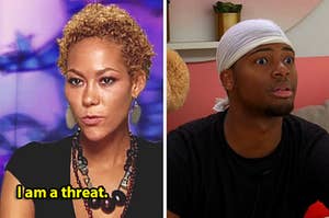 A woman with short curly blonde hair is looking at the camera, mouth pursed as if mid sentence. Next to her, a man wearing a durag tied tightly on his head has wide eyes and a slightly open mouth