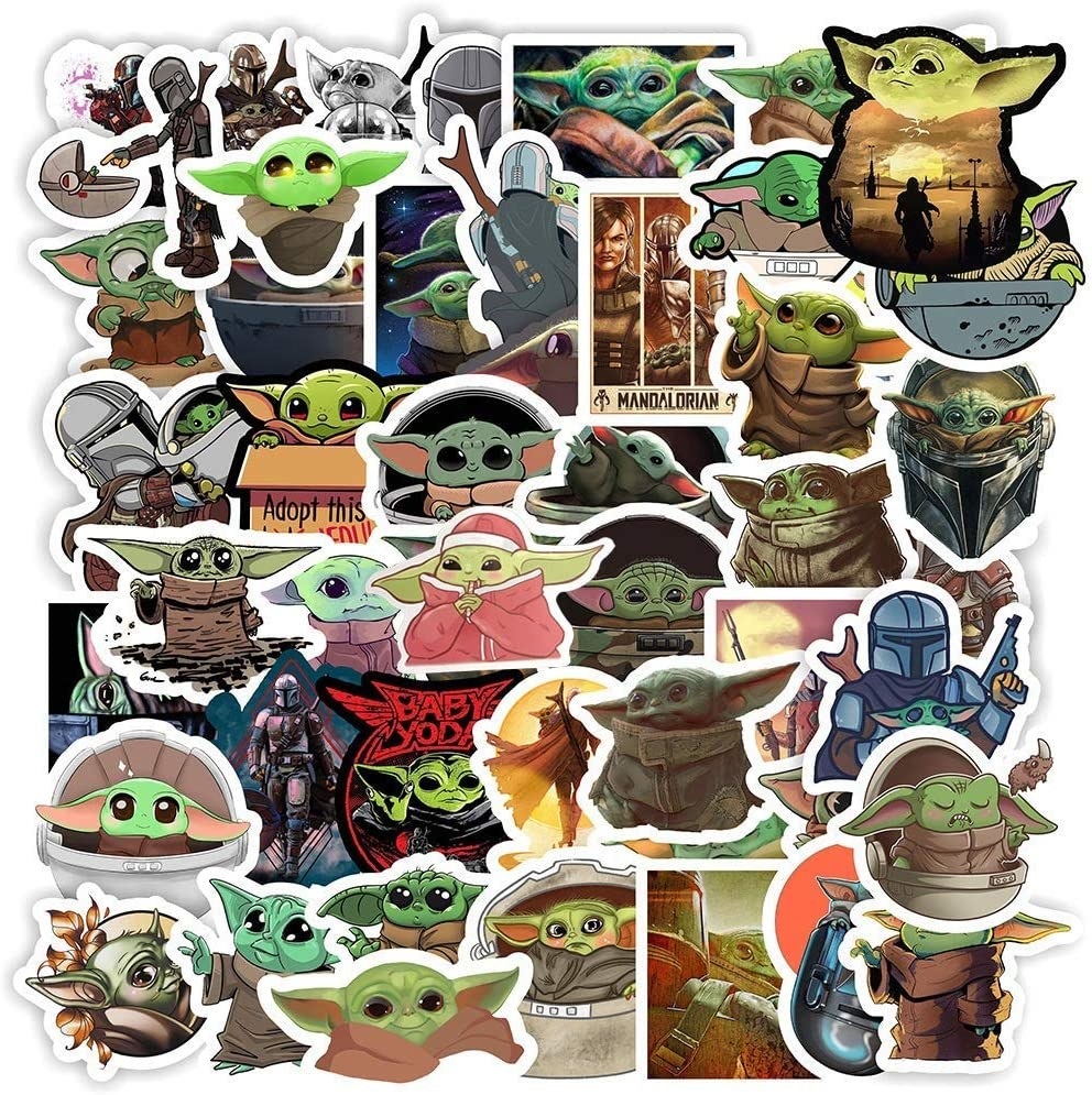 The 50 Baby Yoda stickers laid out