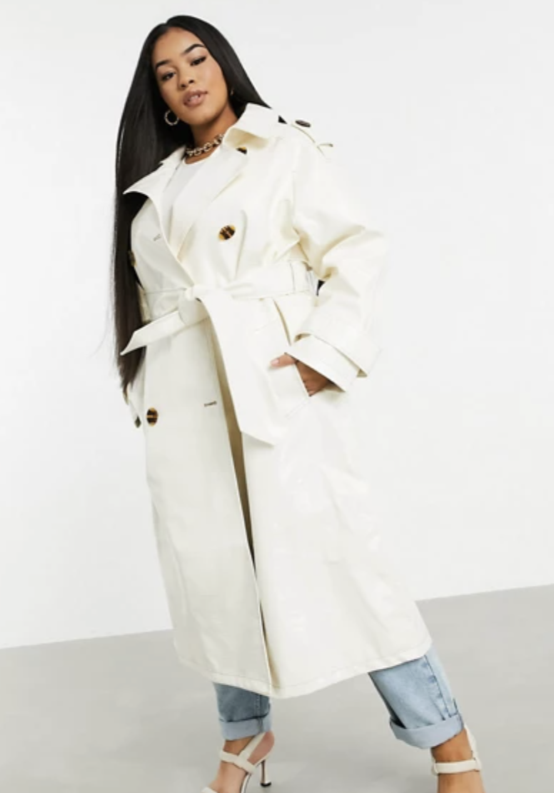 Model wears curve croc vinyl trench coat 