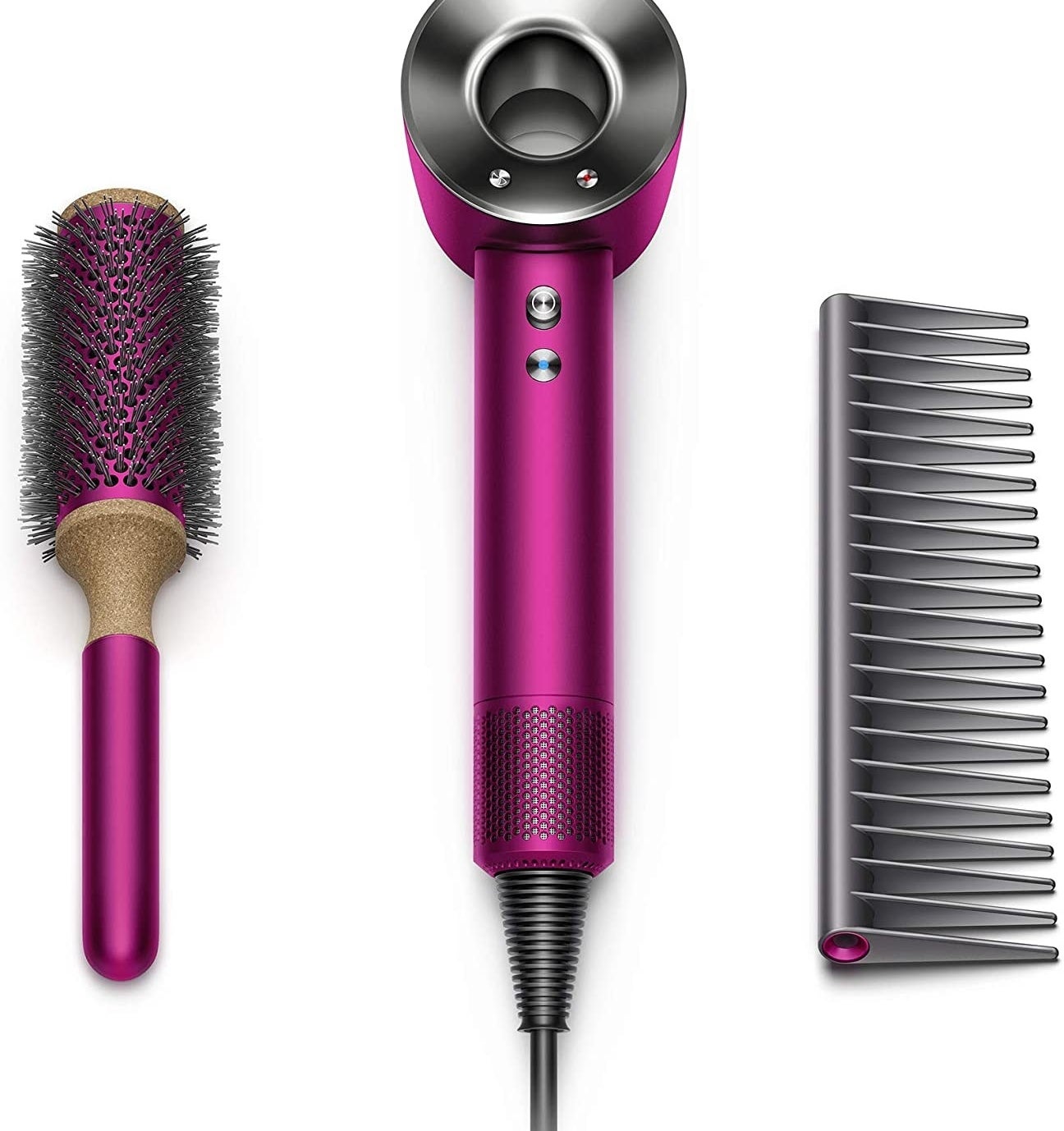 blow dryer, vented round brush, and comb