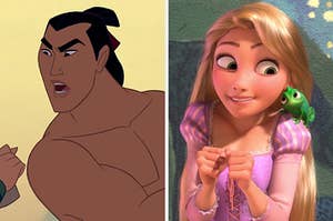 On the left, Li Shang from "Mulan," and on the right, Rapunzel with Pascal on her shoulder in "Tangled"