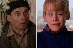 Harry from "Home Alone" is making a funny face with Kevin McCallister smiling on the right
