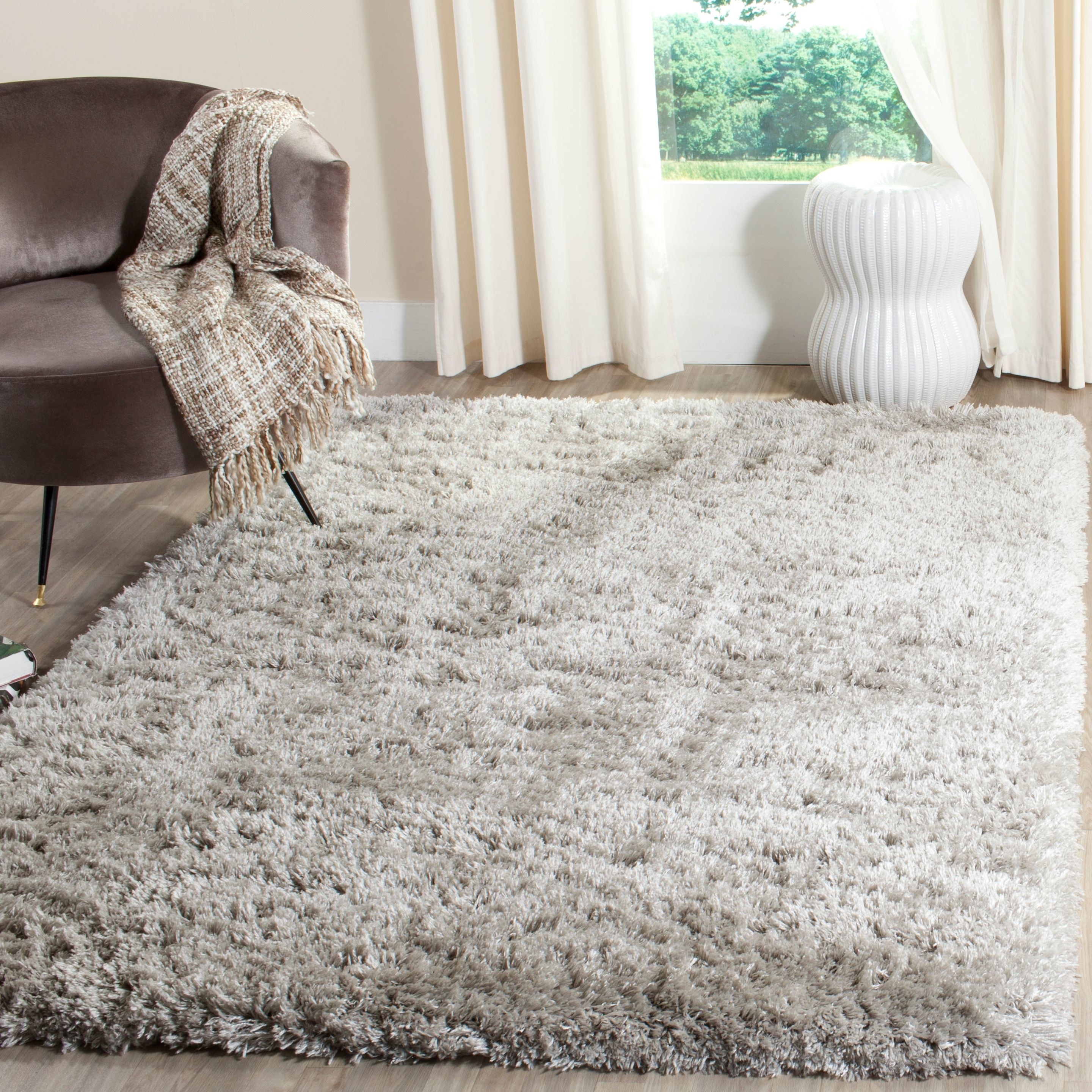 Gray shag rug next to chair