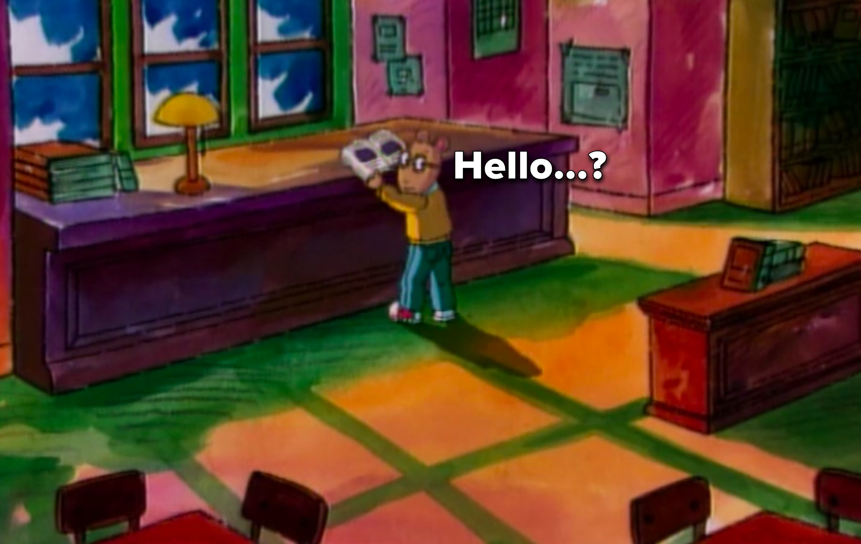 Arthur in empty dark library captioned &quot;Hello?&quot;