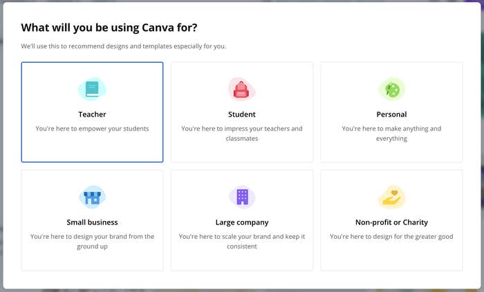 screenshot of the usage preference menu for students, teachers, personal, and more