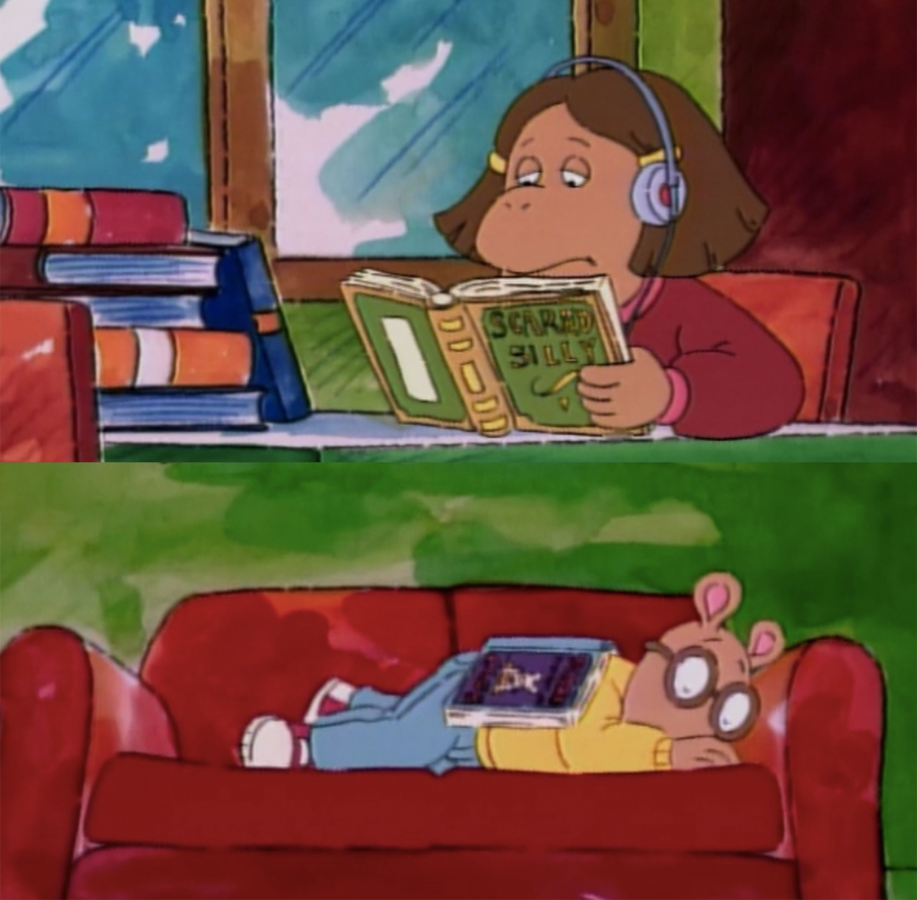 Francine reading unrelated novel looking bored with headphones, Arthur sleeping on couch