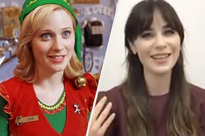 Side by side of Zooey Deschanel in Elf and Zooey Deschanel taking a BuzzFeed quiz