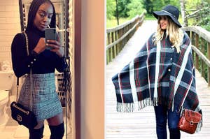 On the left, a reviewer in a plaid miniskirt. On the right, a model in a plaid shawl