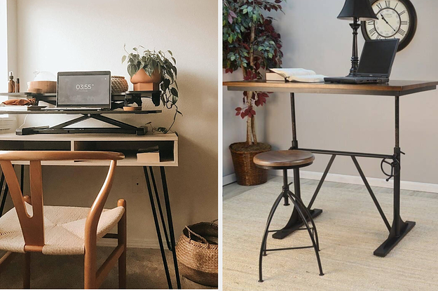 Two panels showing a desk with a black sit-to-stand converter on it and an iron and wood standing desk supporting a laptop, book and lamp