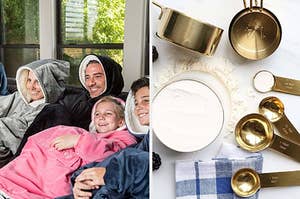 family in oversized blanket hoodies; shiny gold measuring cups and spoons