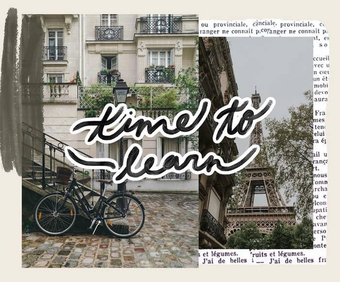 a collage of two different pictures, a building with a bike and the Eiffel tower, with &quot;time to learn&quot; written across the graphic 