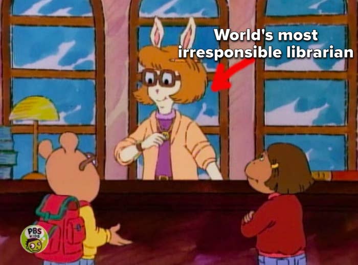 Arthur and Francine talking to Ms. Turner at her desk, captioned, &quot;world&#x27;s most irresponsible librarian&quot;