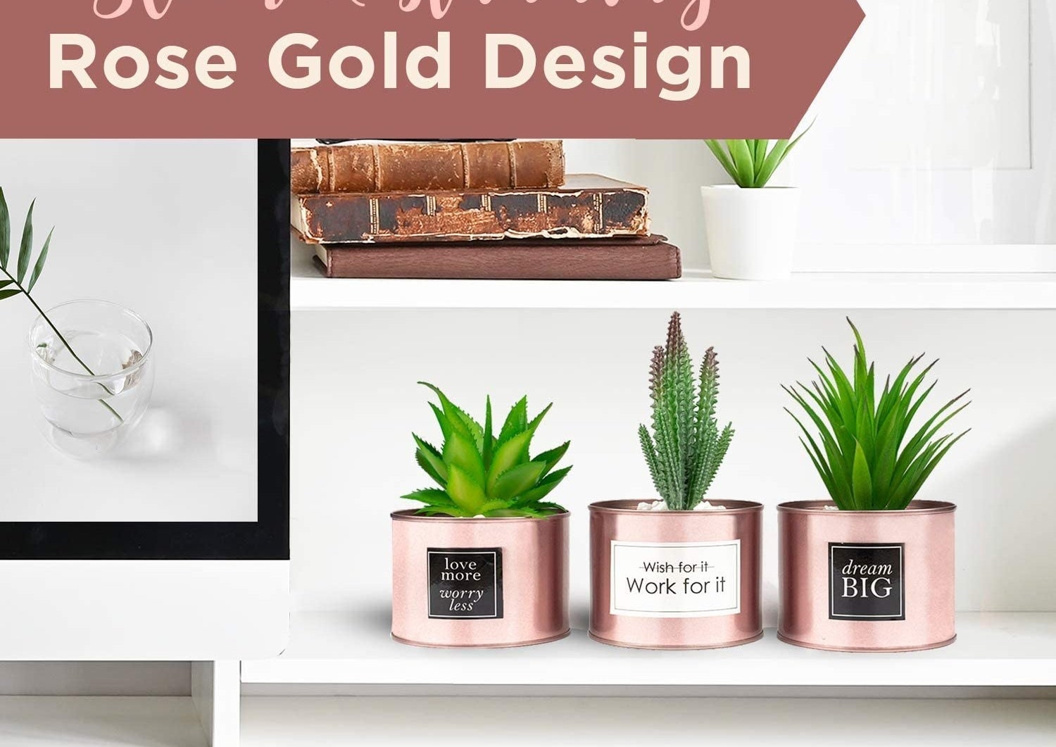 Desk with three rose gold mini planters with artificial succulents placed inside