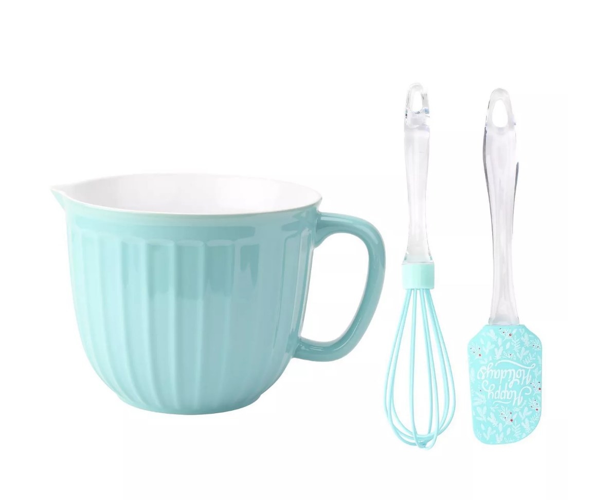 Blue mixing bowl with handle, matching whisk and rubber spatula