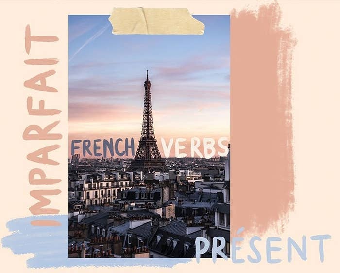 a pastel graphic showing the Eiffel tower with the words &quot;French verbs,&quot; &quot;imparfait,&quot; and &quot;present&quot; written around it   